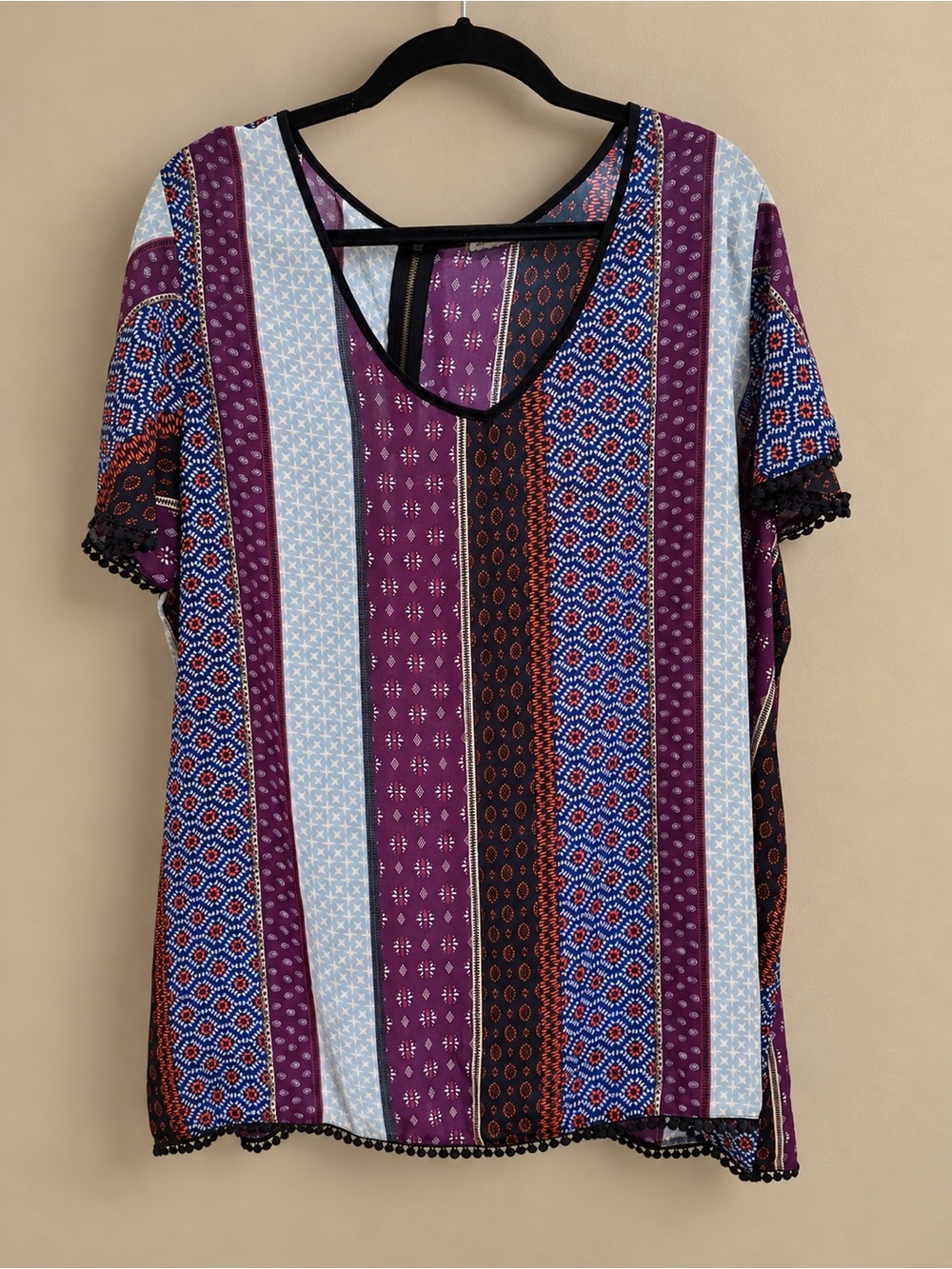 Eyeshadow Purple Multi-Pattern V-Neck Short Sleeve Top